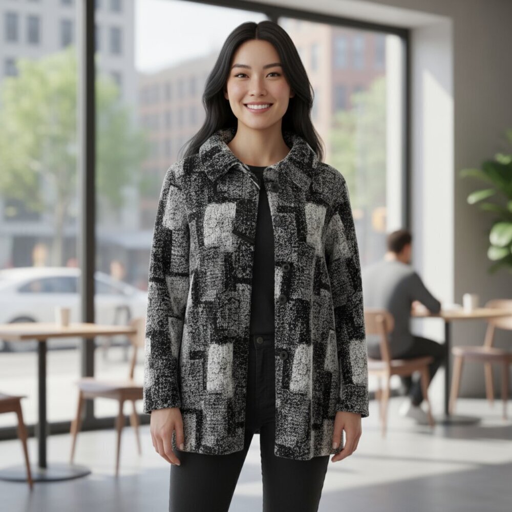 NEW/NWT Yushi Black and White Block Print Knit Jacket Wired Collar Size XL